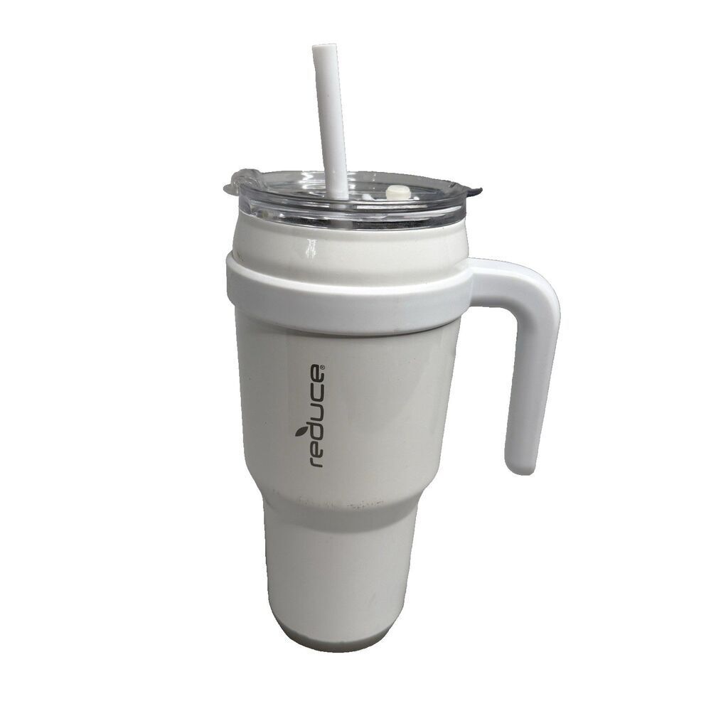 Reduce 40 oz Travel Mug Vacuum Insulated Stainless Steel White Handle Rubber Bas